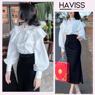 Áo sơ mi nữ Haviss thiết kế cổ bèo tầng cổ trụ tay phồng nút ngọc dài tay thiết kế tiểu thư thời trang đi học, đi làm