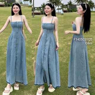 BIGSIZE HIẾU HIẾU (55-95KG) - Đầm jeans nữ 2 dây trơn dáng dài maxi phối cúc style đơn giản