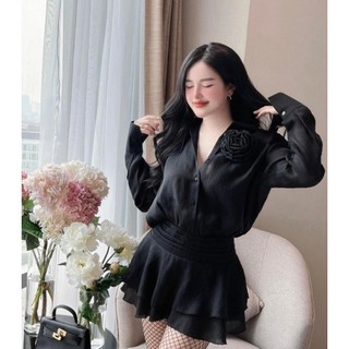 BIGSIZE HIẾU HIẾU (55-95KG) - Set thời trang nữ voan tơ Áo sơ mi tay dài xoắn bông hoa to + Chân váy tầng