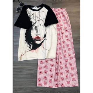 Sét bộ nữ quần heo hồng cute + mix áo phông loanh cô gái vô tri màu be