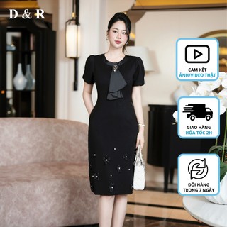Đầm thun dự tiệc bigsize cổ nơ kết cườm Quảng Châu cao cấp D536