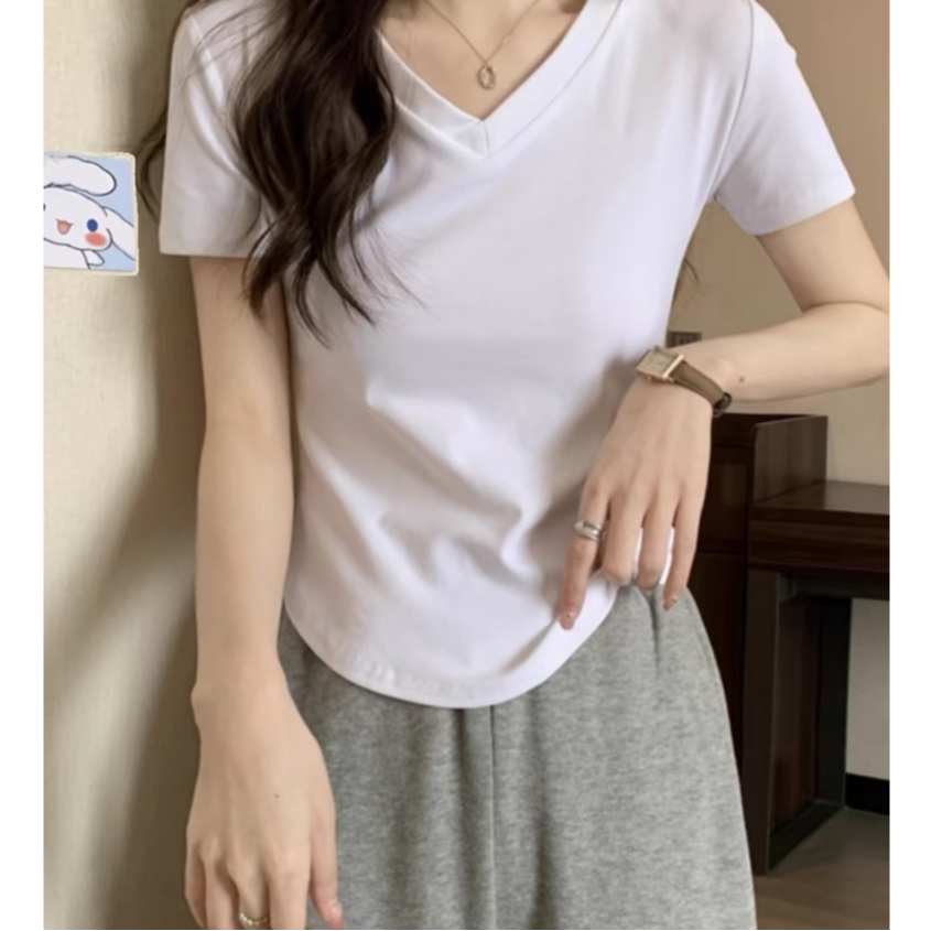 Áo thun cộc tay nữ croptop cổ V, màu trơn đơn giản, Thời Trang unisex | BigBuy360 - bigbuy360.vn