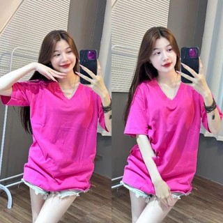 Áo phông cổ tim trơn form rộng tay lỡ unisex, chất cotton su rip