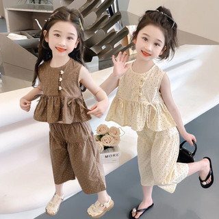 Quần áo bé gái, set bộ chất đũi chấm bi áo sát nách dáng Pelum quần lửng rộng cho bé 10-28kg