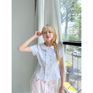 Kido - áo sơ mi tay ngắn phối bèo poplin top