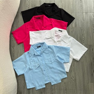Áo sơ mi dáng croptop túi hộp bigsize nữ,sơ mi tay ngắn big size vải lụa chéo trơn ít nhắn sm162