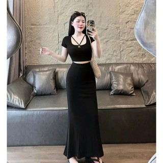 Set Váy Dài Mặc Đi Chơi Chất Tăm Lạnh Áo Crotop Dây Chéo Cổ Tay Ngắn Mix Chân Váy Đuôi Cá Siêu Tôn Dáng