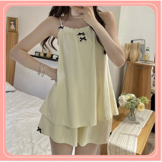 Set đồ ngủ hai dây chất đũi mềm thoáng mát, Bộ đồ nữ mặc nhà mùa hè đính nơ dễ thương