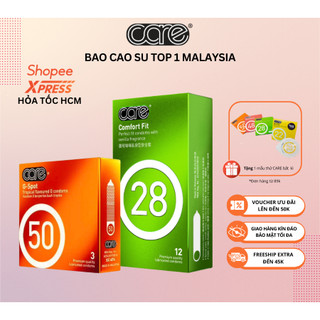 Combo bao cao su mỏng tăng cường gel bôi trơn, kéo dài thời gian CARE 28 (hộp 12) và bcs gai gân CARE 50 (hộp 3 bcs)