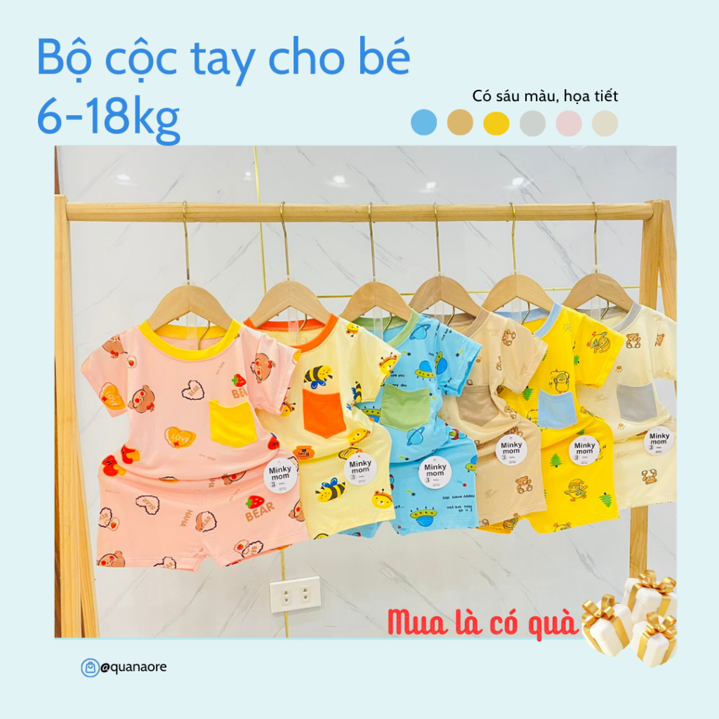 Bộ cộc tay cho bé trai gái MINKYMOM KWO, Bộ quần áo trẻ em chất thun lạnh co dãn mát thấm mồ hôi