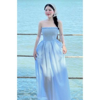 [6.6 Sales Freeship] Đầm caro xanh cup ngực dáng dài qua gối, đầm maxi đi biển màu xanh nhún bo ngực sang chảnh dx