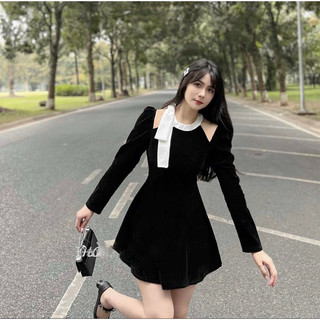 [SALE] Váy nhung cổ yếm nơ dài tay🥰