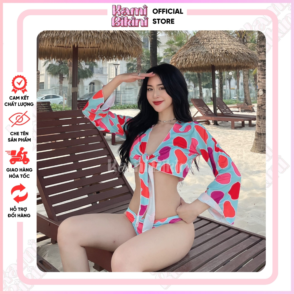 Bikini  3 mảnh đi biển chất liệu thun lạnh kèm áo choàng, Đồ bơi 3 mảnh sang chảnh hottrend Freesize <60kg | BigBuy360 - bigbuy360.vn