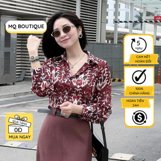 Áo tơ sọc đỏ sơ mi nữ dài tay cao cấp công sở họa tiết  hoa lá đỏ be nhũ , áo sơ mi họa tiết thiết kế MQ Boutique