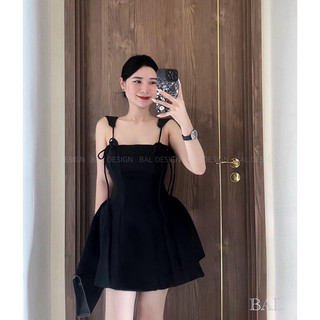 Váy bồng eo đen dây nơ vai. váy hai dây buộc nơ vai dáng bồng