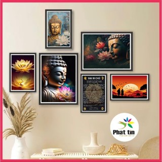 Tranh phật trang trí phòng thờ, tranh dán tường không khung, decor phòng, góc tu tập, bộ 6 tấm có sẵn keo, In Phát Tín.