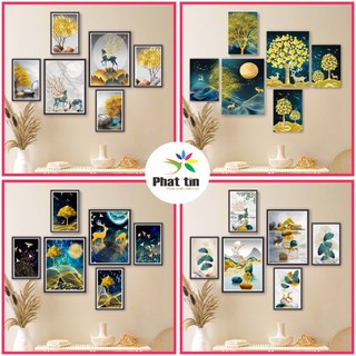 Tranh hươu nai phong thuỷ, tranh con công, bộ 6 tấm dán tường, không khung decor phòng khách. bàn làm việc