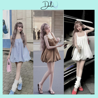 Váy Thô 2 Dây Quai Nhún Dáng Babydoll Xoè Bồng Phong Cách Tiểu Thư Sang Chảnh