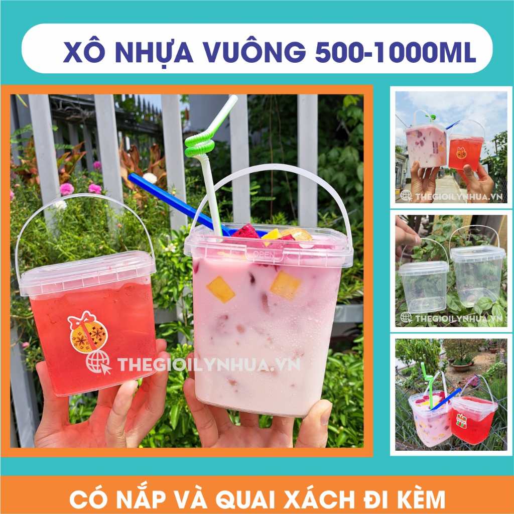 SET 50 Xô nhựa vuông đựng trà sữa 500ml và 1000ml, xô nhựa vuông nhựa PP dày cứng có nắp và quai đi 