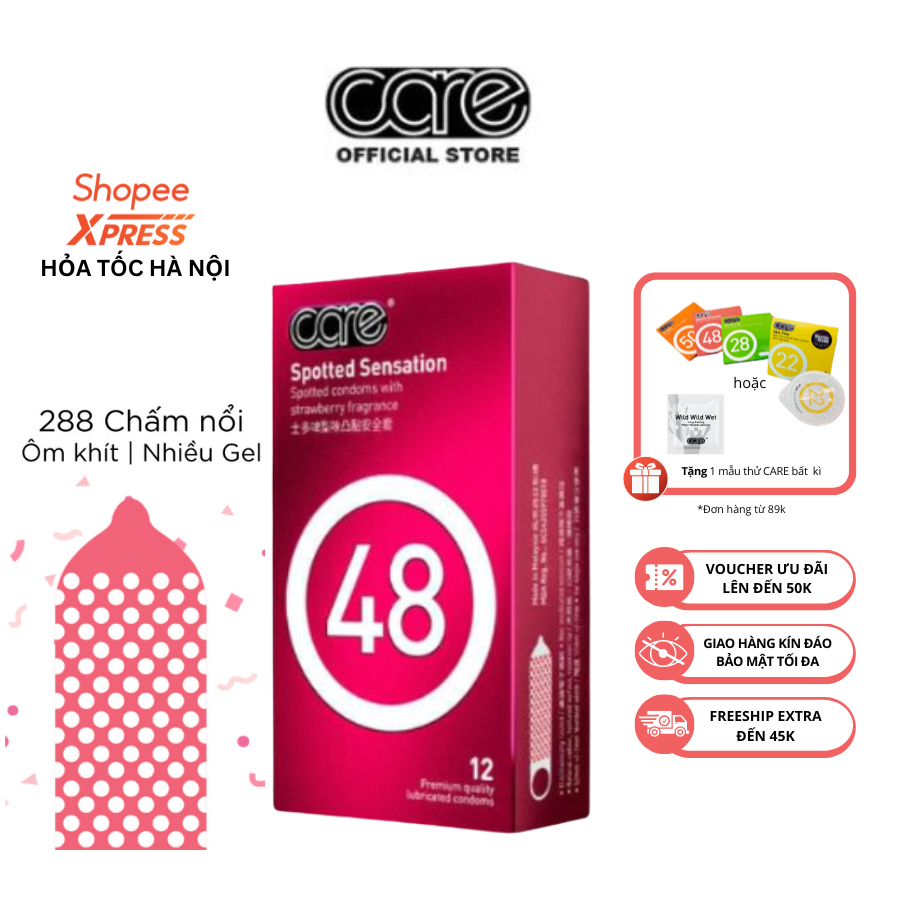 Bao Cao Su có gai CARE 48 Hương Dâu, Kéo Dài Thời Gian, Mỏng Nhiều Gel Bôi Trơn Hộp 12 Bcs gai li ti