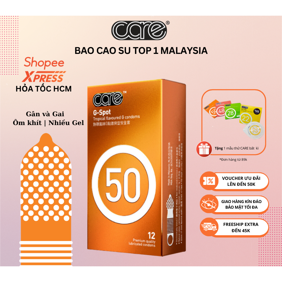 Bao Cao Su Gai Và Gân CARE 50 nhiều gel bôi trơn, mỏng nhiều gel, hương dứa rừng- Hộp 12 bcs gân gai