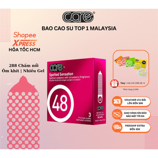 Bao cao su có gai CARE 48 mỏng, kéo dài thời gian, nhiều gel bôi trơn hương dâu - hộp 3 bcs có gai