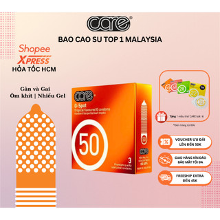 Bao cao su có gai và gân CARE 50, nhiều gel bôi trơn kéo dài thời gian, bcs mỏng, cao cấp- hộp 3 bcs
