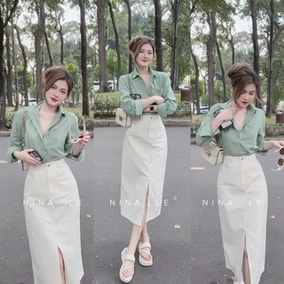 SET VÁY 2 MÓN ÁO SƠ MI XANH TAY DÀI KÈM CHÂN VÁY KAKI SANG TRỌNG THANH LỊCH ĐẸP