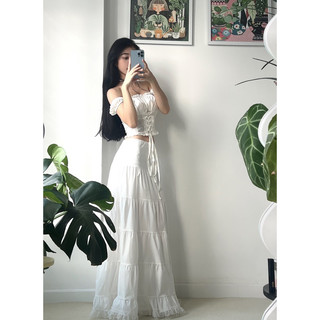 Áo croptop trễ vai viền ren thắt nơ eo- Chân váy trắng dài eo buộc nơ