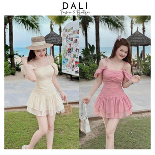 Váy Dự Tiệc Dúm Thân Trễ Vai 2 Dây Nơ Bánh Bèo Chất Liệu Tơ Xốp Kèm Quần Trong Sang Chảnh