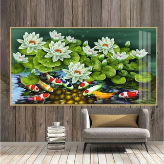 Tranh tráng gương cá chép nguyên khối, bức kích thước 125cmx75cm, tranh cửu ngư, Khung Nhôm cao cấp