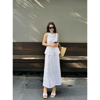 SET LINEN ÁO CỔ TRÒN NHIỀU CÚC SIẾT EO MIX CHÂN VÁY MINDI DÁNG DÀI SIÊU XINH PHONG CÁCH HÀN QUỐC