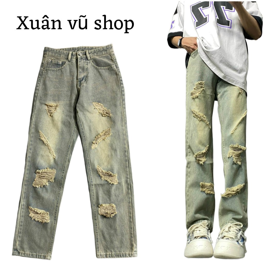 quần jean ống rộng màu bụi rách nhiều (40)