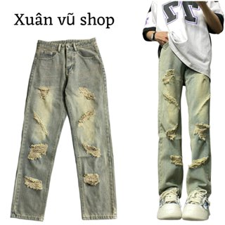 quần jean ống rộng màu bụi rách nhiều (40)