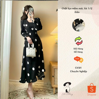 Đầm midi lụa chấm bi chun eo phối phần chân bèo nữ tính A1933