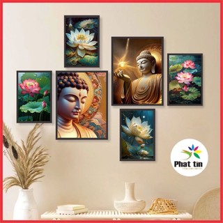 Tranh phật bộ 6 tấm dán tường, hoa sen. không khung, sẵn keo, decor phòng, góc tu tâp.