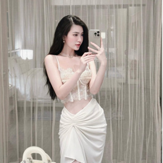 Set áo hai dây bra cúp ngực ren kèm chân váy dáng dài rúm sang chảnh, Set đồ nữ áo bra ren kèm chân váy xẻ TỰ MAY
