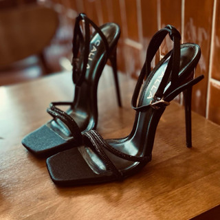 sandal full đá đen Calla mũi vuông cao 8-12cm