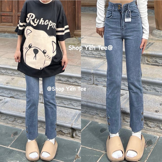 ( Từ 35kg-65kg ) Quần jeans ống đứng đính cúc chân , quần đi học , quần Jeans nữ che khuyết điểm