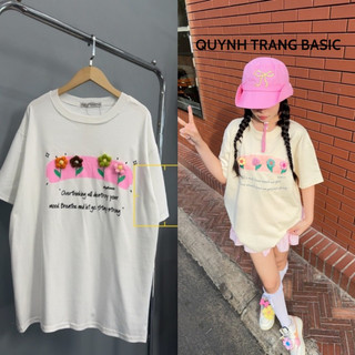 Áo phông nam nữ in họa tiết chữ phối đính bông hoa nổi dễ thương chất liệu cotton hàng xuất mềm mịn QuynhTrangBasic