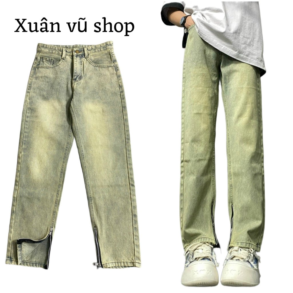 quần jean ống baggy rộng khoá kéo 2 chân 3 màu rêu,xanh,đen