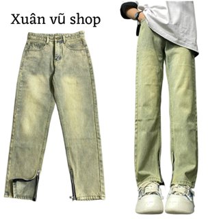 quần jean ống baggy rộng khoá kéo 2 chân 3 màu rêu,xanh,đen