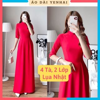 Áo dài truyền thống màu đỏ tươi 4 tà 2 lớp chất lụa nhật đẹp co giãn | Mã B2