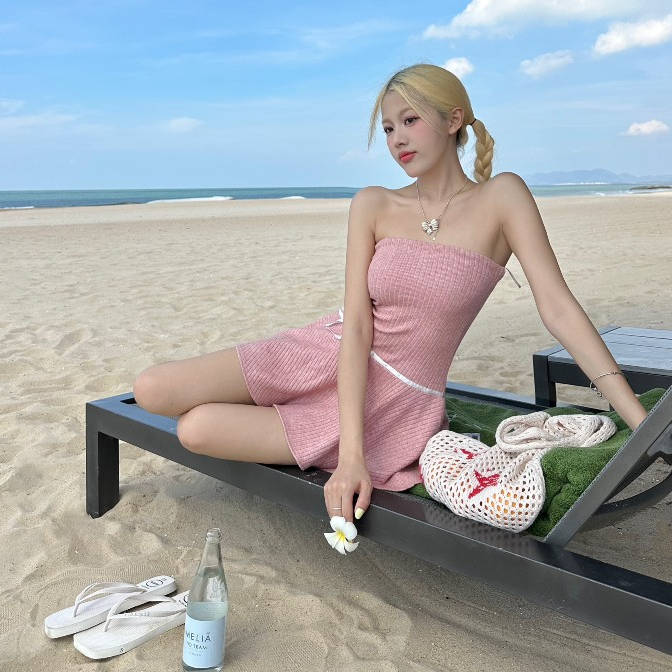 AREUM Đầm Len Ngắn Thắt Nơ Lamer [Kèm Quần Bảo Hộ]