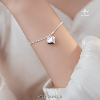 Lắc tay bạc nữ TLEE, vòng tay trái tim phồng treo dây mì bi chắc chắn TLEE JEWELRY LT0349