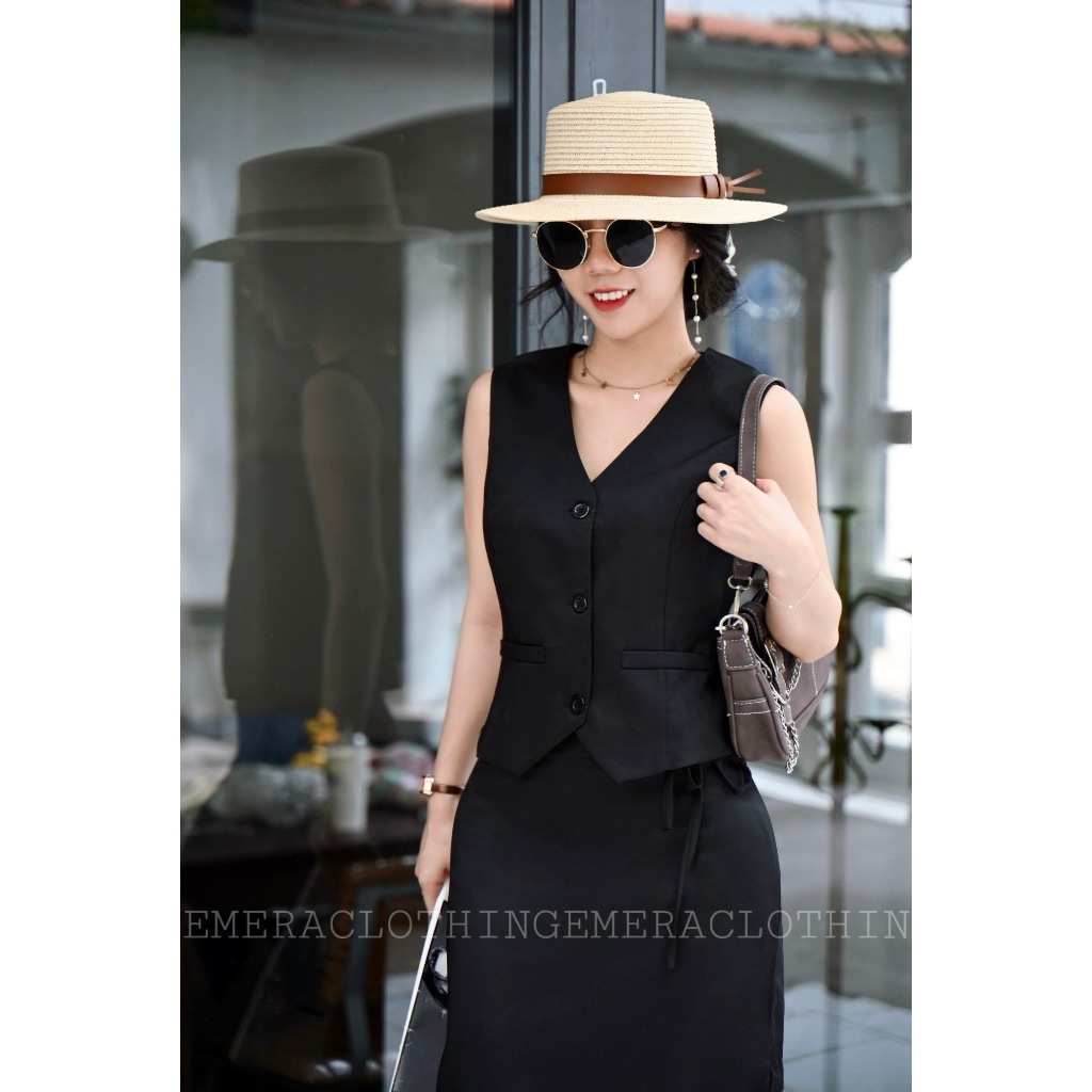 Set áo gile chân váy thiết kế Amelia Đen váy dài Midi xẻ sau lưng, áo croptop thắt eo tôn dáng Emera