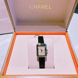 Đồng hồ nữ Ch@n€l dây da đen, size 20x26mm, Full box, Luxury diamond watch