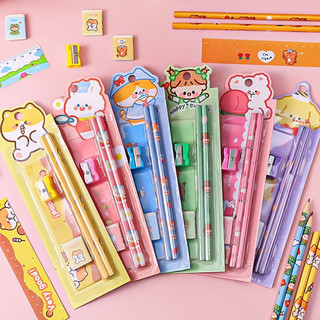 Bộ đồ dùng học tập cho bé gồm 5 dụng cụ bút chì+gọt bút chì +tẩy+thước kẻ cho học sinh dễ thương