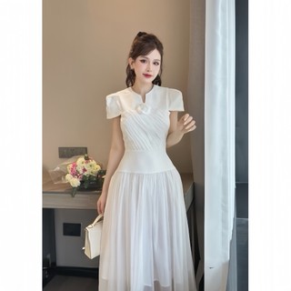 V2022 Đầm Dress Nữ Thiết Kế Cổ V Tay Đứng Form, Thân Xếp Ly Mix Dáng Váy Dài Lưới Cách Điệu Women ( Kèm Tag Cài )