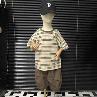 Set quần áo cộc kẻ ngang đính tag ngực LUOBD quần thô ngố mềm bo gấu hàng QCCC BY KID CLOTHING